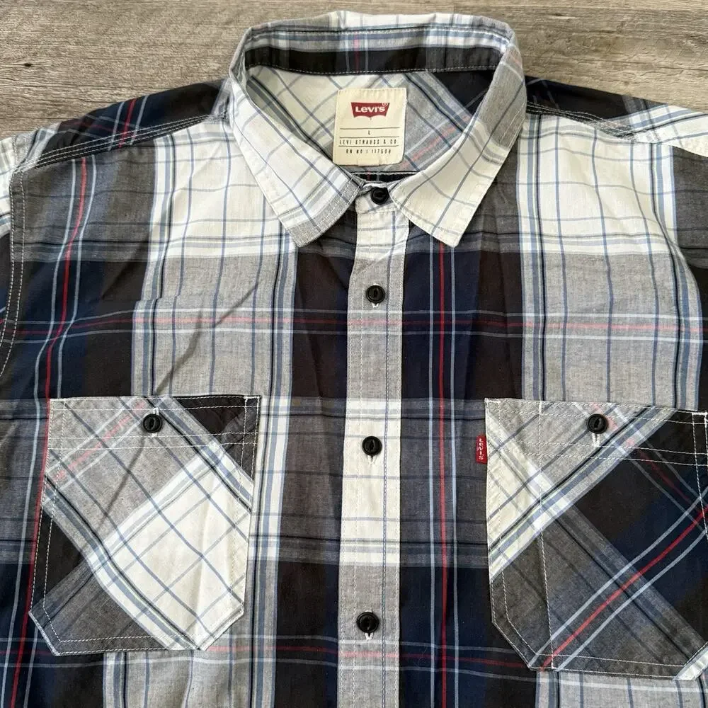 Levi’s Shirt Mens Large Blue Plaid Button Up Cotton Blend Woven Pockets